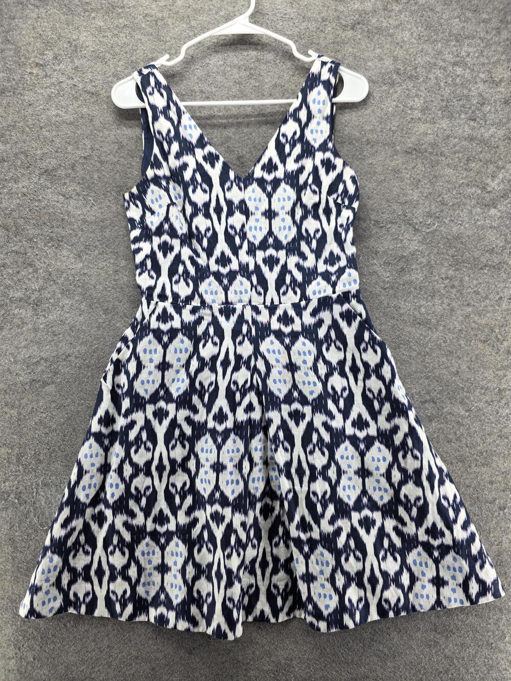 Gap Dress Womens 2 Blue Fit & Flare Short V-Neck Linen Geometric Print Sundress